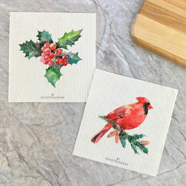 Holly and Berries + Cardinal  Swedish Dishcloths | Set of 2