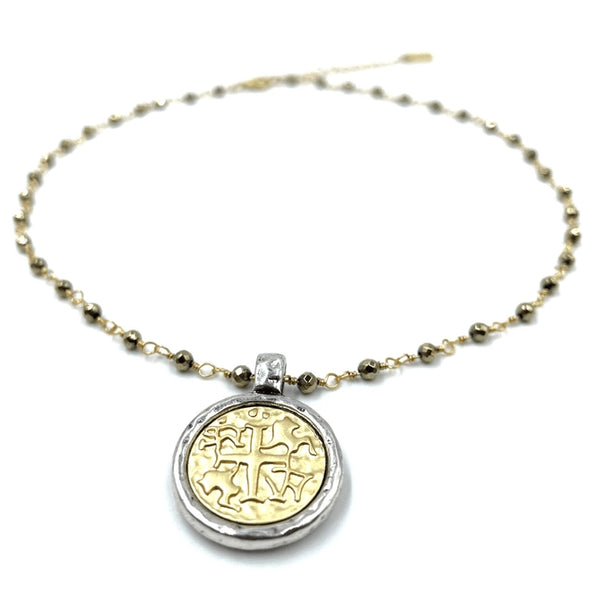 Matte Gold Coin on Pyrite | Short Necklace