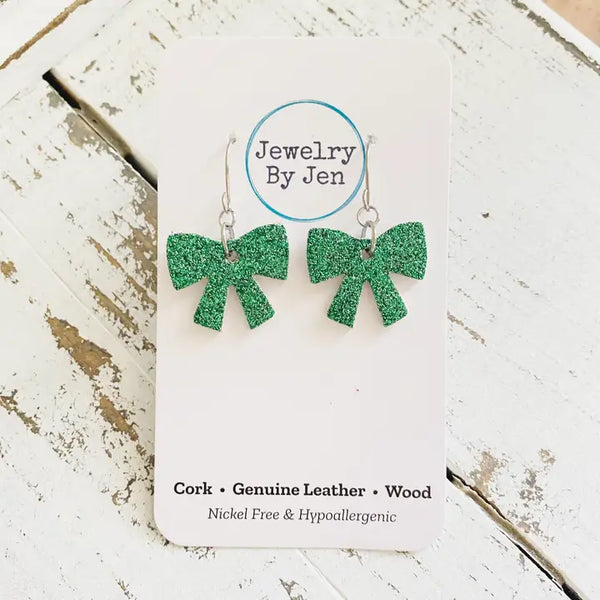 Glitter Bow Earrings | Green