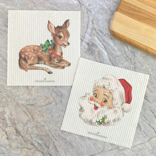 Vintage Santa + Reindeer Swedish Discloths | Set of 2