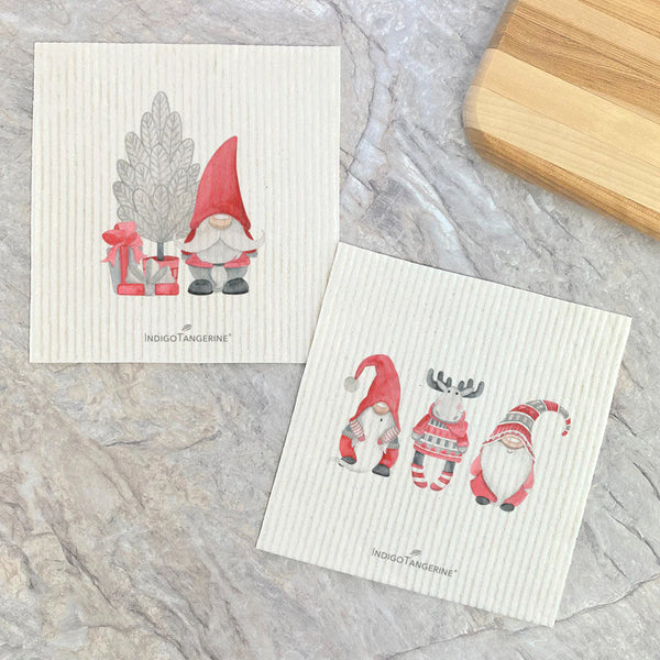 Gnome with Tree + Moose Gnomes | Set of 2 Swedish Dishcloths