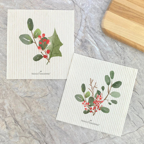 Holly Berry Sprig Swedish Dishcloths | Set of 2