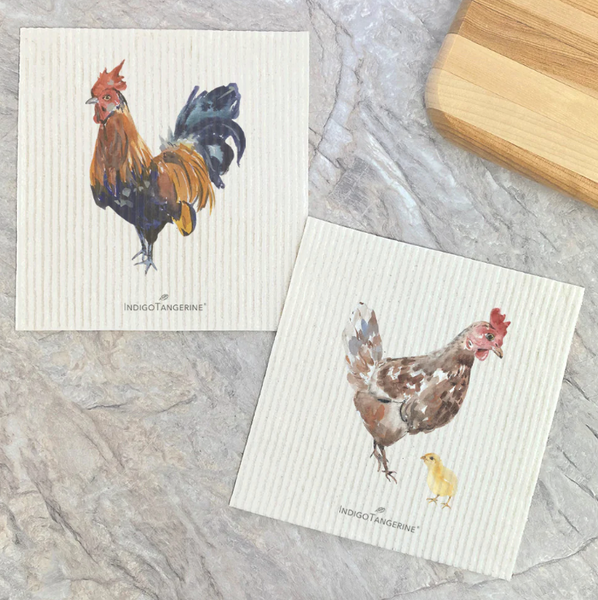 Rooster & Hen with Chick | Set of 2 Swedish Dishcloths