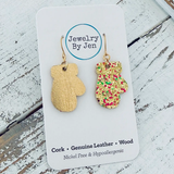 Small Mitten Earrings | Gold, Green & Pink Glitter