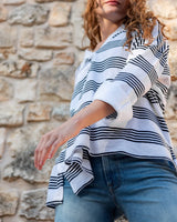 Amelia Long Sleeve Cuff Tee | White + Navy Stripe