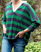 Amelia Rugby Tee | Navy & Green Stripe