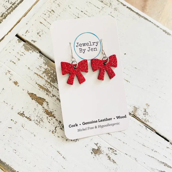 Glitter Bow Earrings | Red