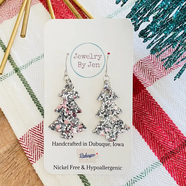 Christmas Tree Earrings | Silver Glitter