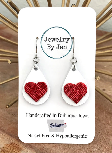 Red with White Heart | Small Teardrop Earrings