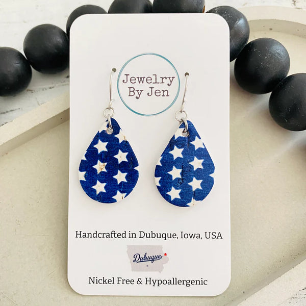 Small Teardrop Earrings | White Stars on Blue