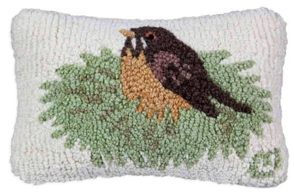 Robin in Nest | Hooked Wool Pillow