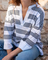 Amelia Long Sleeve Cuff Tee | White + Navy Stripe