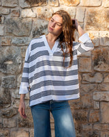 Amelia Long Sleeve Cuff Tee | White + Navy Stripe