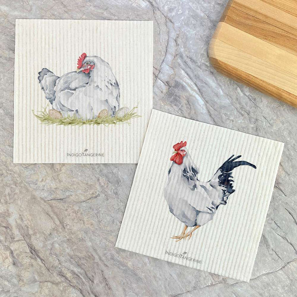 Hen with Eggs + Rooster | Set of 2 Swedish Dishcloths