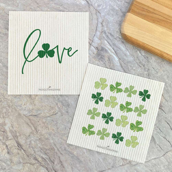 Love with Shamrock + Rows of Clovers | Set of 2 Swedish Dishcloths