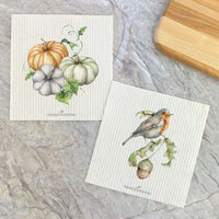 Pumpkin & Leaves + Robin on Acorn | Set of 2 Swedish Dishcloths